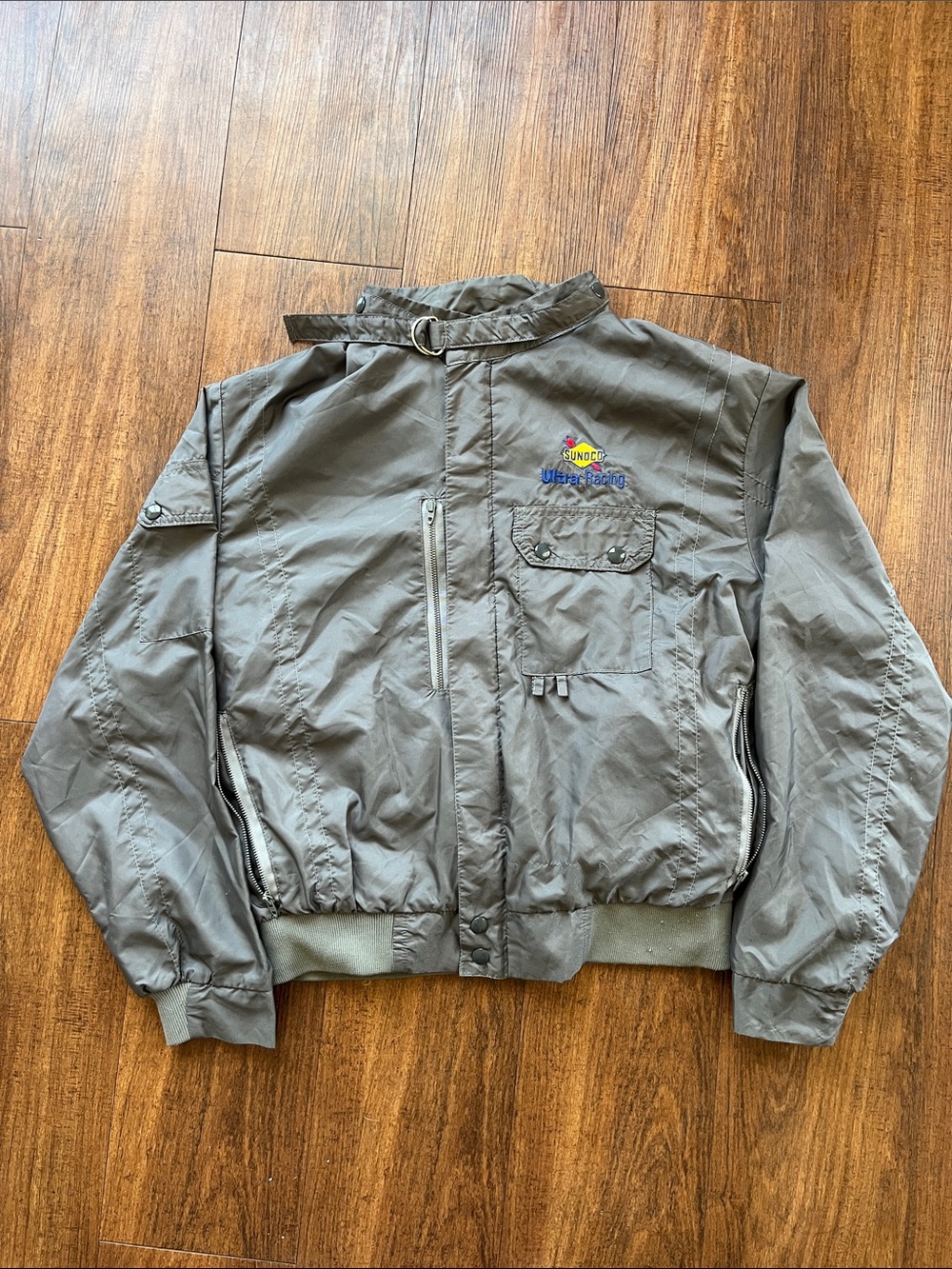 Vintage 80s Gray Sunoco Ultra Racing Bomber Jacket with Embroidered Logo